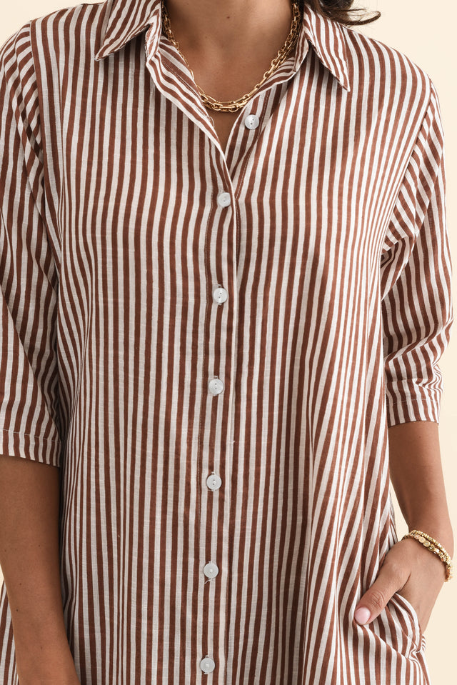 Tricia Mocha Stripe Cotton Shirt Dress,Brunette model,alt text|model:Brontie image 7