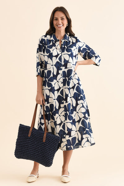 Tricia Navy Garden Cotton Shirt Dress