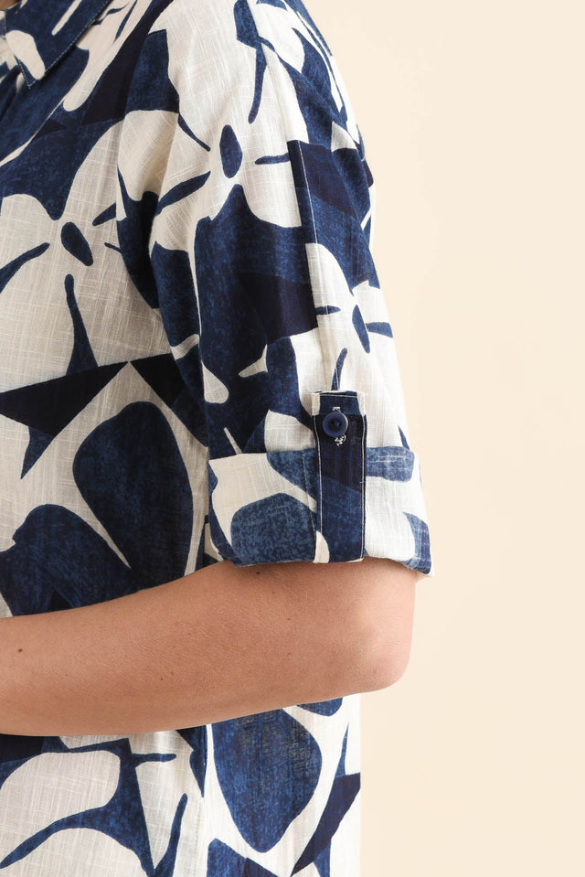 Tricia Navy Garden Cotton Shirt Dress,Detail,Brunette model,alt text|model:MJ image 7