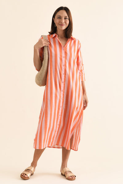 Tricia Orange Stripe Cotton Shirt Dress