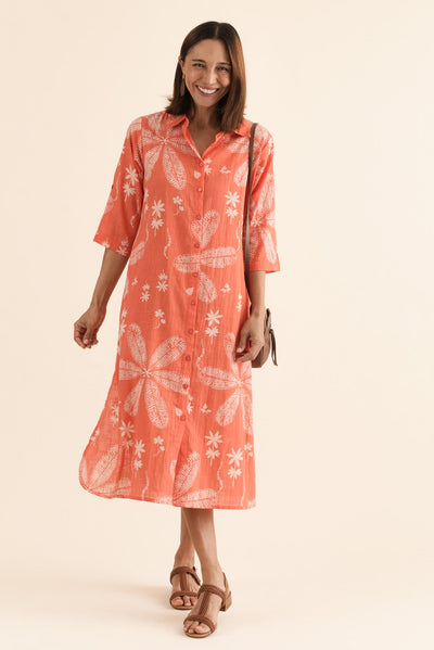 Tricia Peach Flower Cotton Shirt Dress