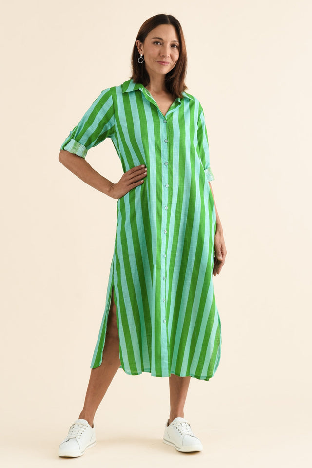 Tricia Turquoise Stripe Cotton Shirt Dress,Full Body,Brunette model,alt text|model:Cara image 6