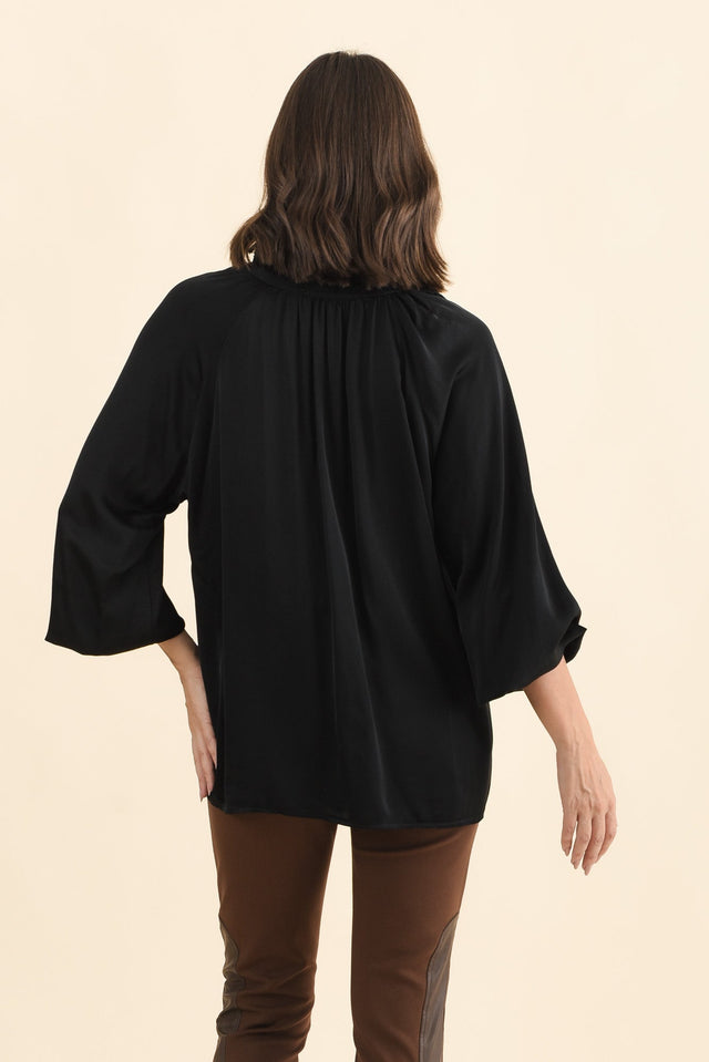 Trove Black Silk Ruffle Top,Brunette model,alt text|model:MJ image 5