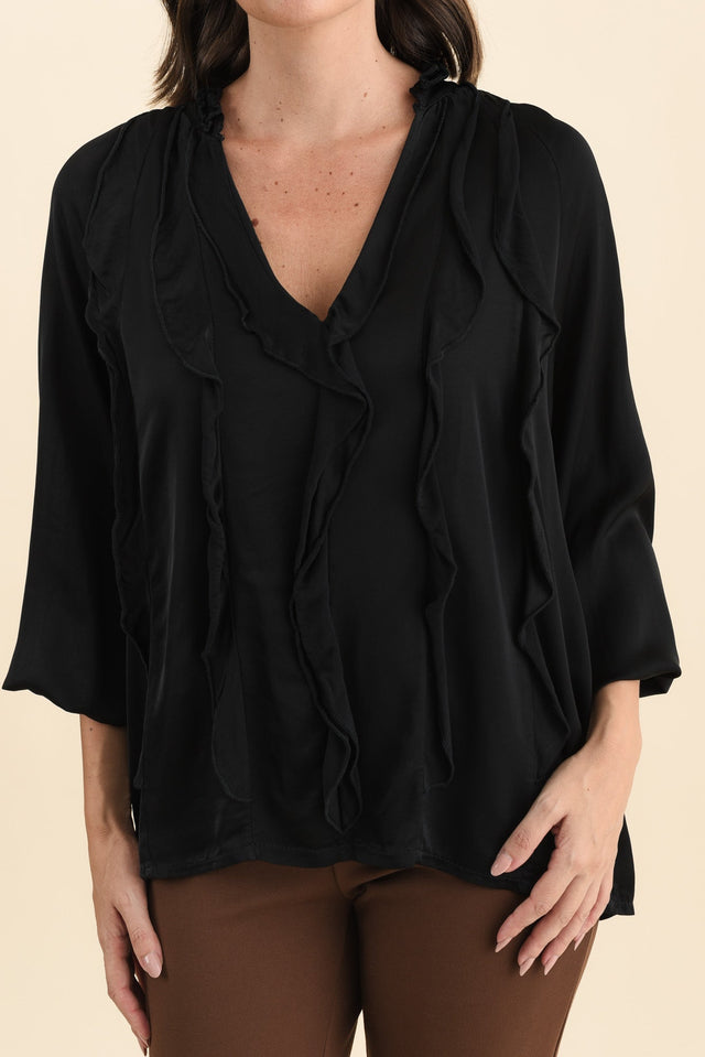 Trove Black Silk Ruffle Top,Brunette model,alt text|model:MJ image 6