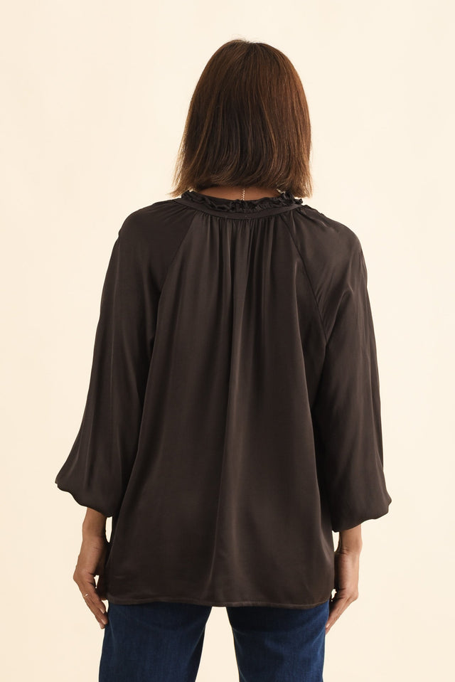 Trove Chocolate Silk Ruffle Top,Brunette model,alt text|model:Cara image 5