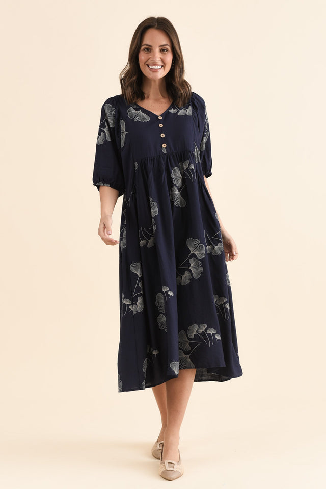 Troyanne Navy Floral Midi Dress,Full Body,Brunette model,alt text|model:MJ