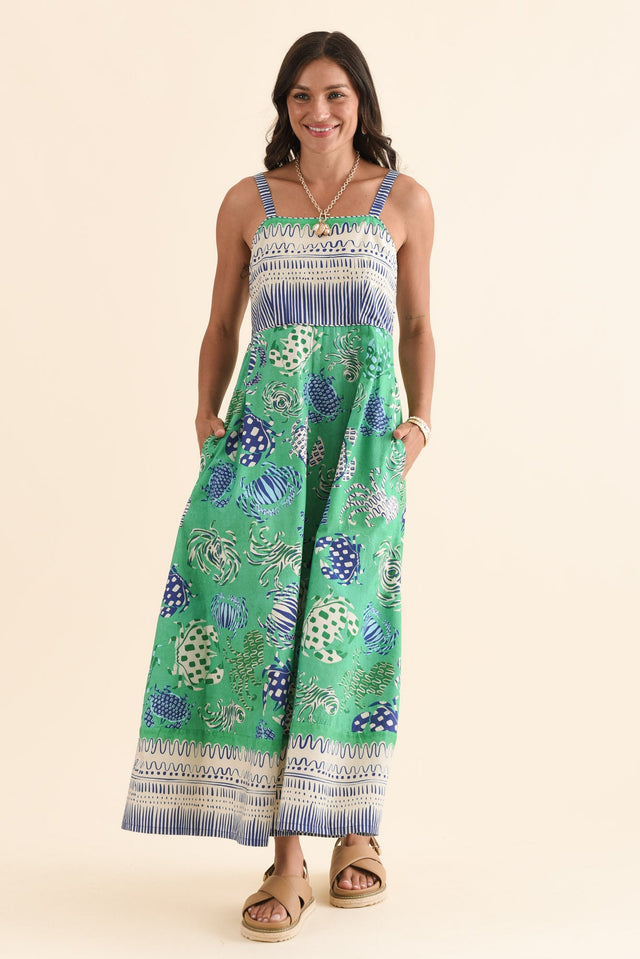 Tulli Green Coastal Cotton Poplin Dress,Front,Brunette model,alt text|model:Brontie