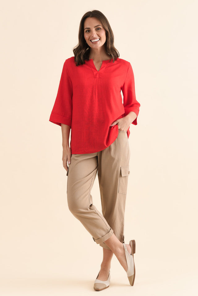 Turner Red Linen Cotton Top,Full Body,Brunette model,alt text|model:MJ image 6