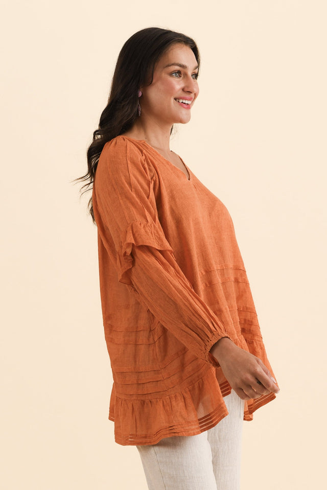 Valencia Orange Cotton Frill Top,Brunette model,alt text|model:Brontie image 4