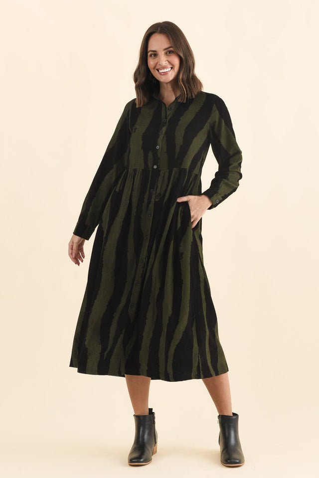 Vani Olive Stripe Cotton Button Dress,Brunette model,alt text|model:MJ image 7