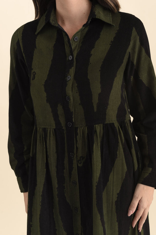 Vani Olive Stripe Cotton Button Dress,Brunette model,alt text|model:MJ image 6
