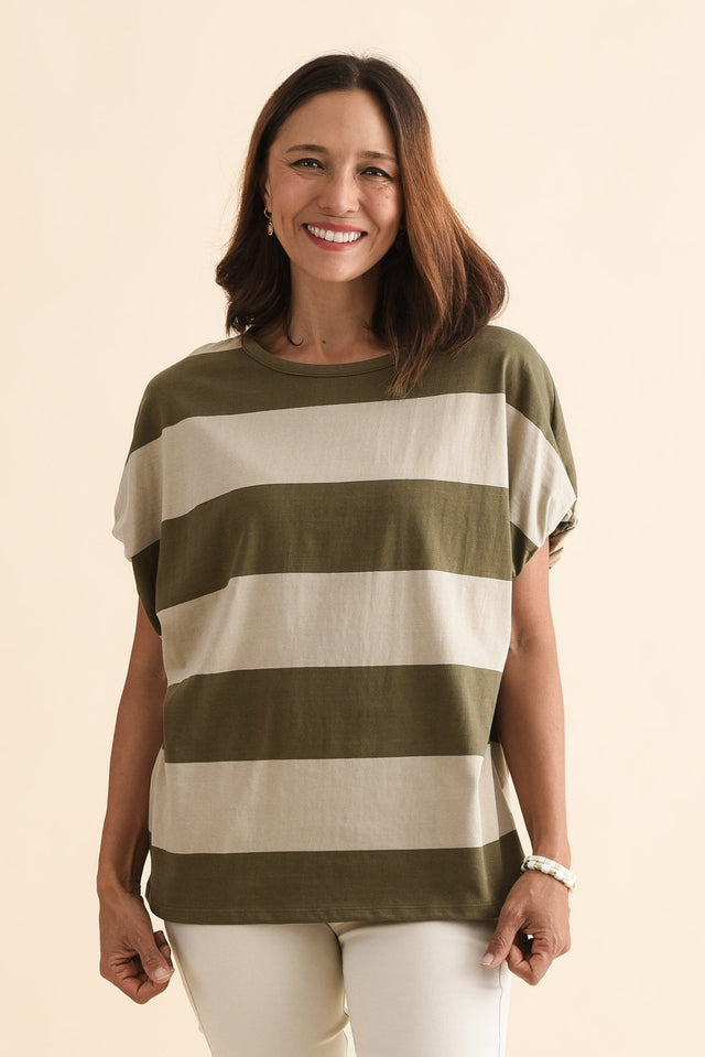 Varley Khaki Stripe Cotton Tee,Front,Brunette model,alt text|model:Cara image 1