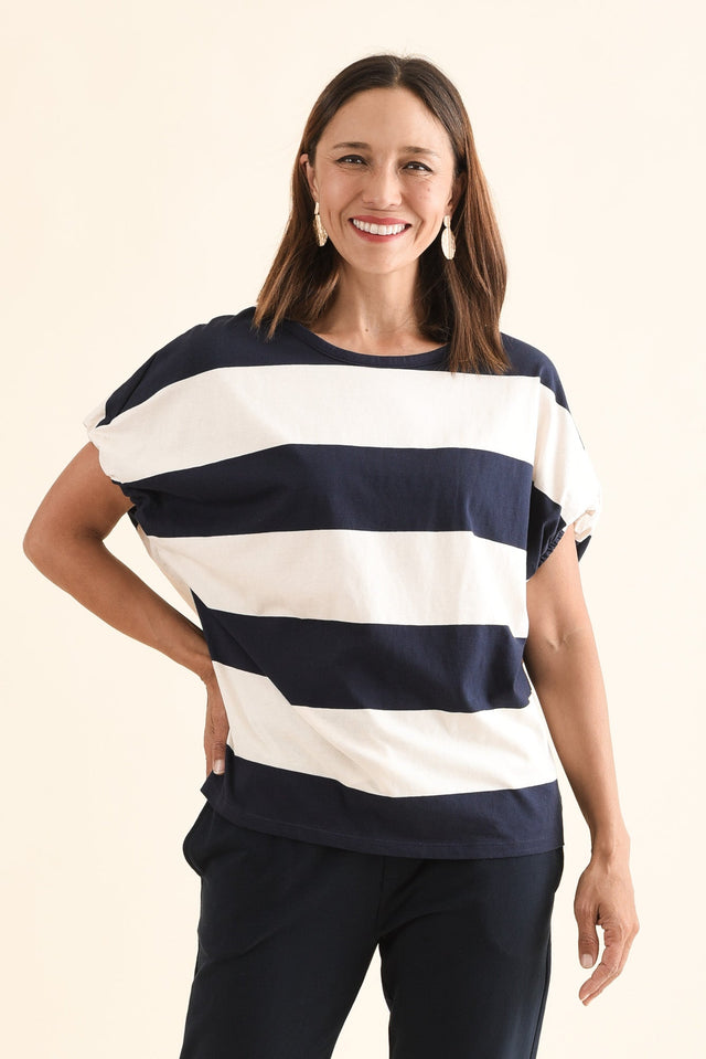 Varley Navy Stripe Cotton Tee,Front,Brunette model,alt text|model:Cara image 1