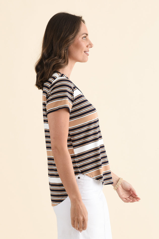 Veronica Tan Stripe Bamboo Tee,Side,Brunette model,alt text|model:MJ image 3