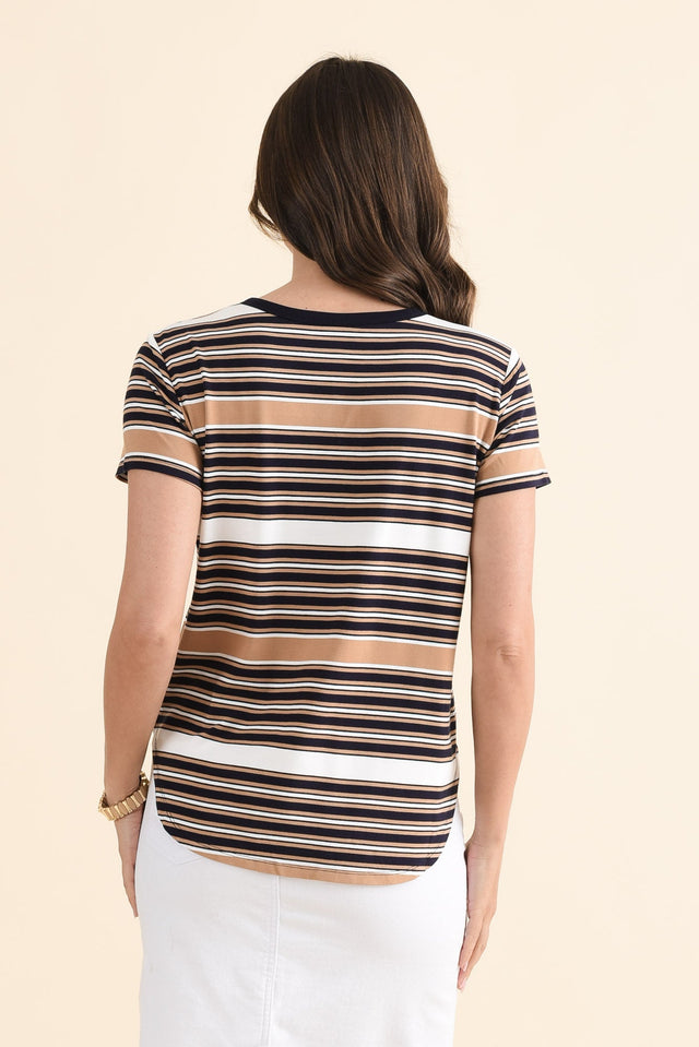 Veronica Tan Stripe Bamboo Tee,Back,Brunette model,alt text|model:MJ image 4