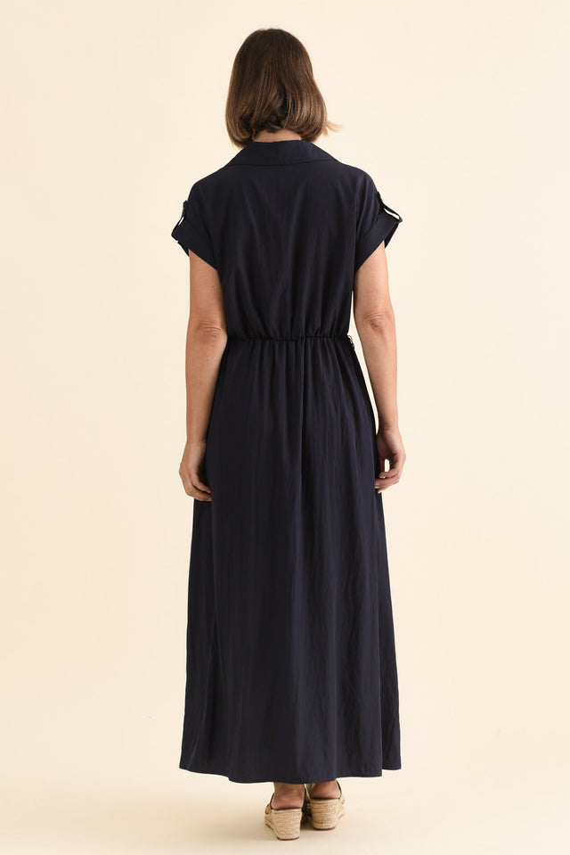 Versailles Navy Collared Tie Dress,Back,Brunette model,alt text|model:Laura image 4