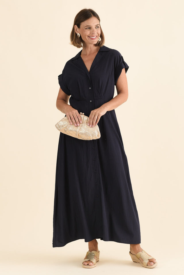 Versailles Navy Collared Tie Dress,Front,Brunette model,alt text|model:Laura