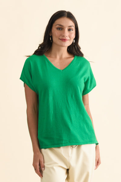 Via Green Cotton V Neck Knit Top