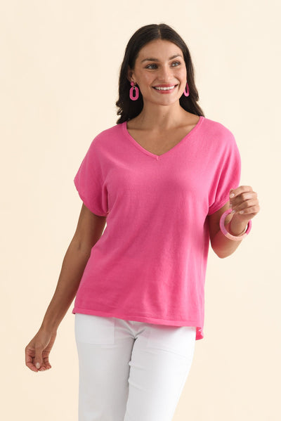 Via Hot Pink Cotton V Neck Knit Top