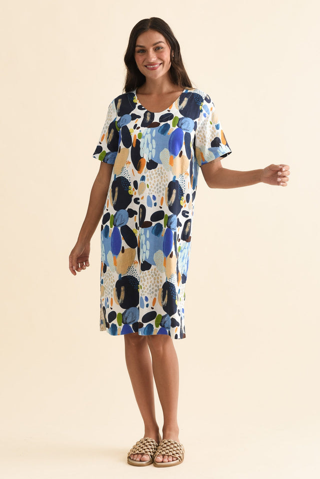 Victoria Blue Geo Linen Blend Dress,Front,Brunette model,alt text|model:Brontie