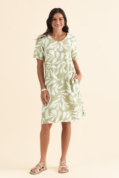 Victoria Khaki Leaf Linen Blend Dress