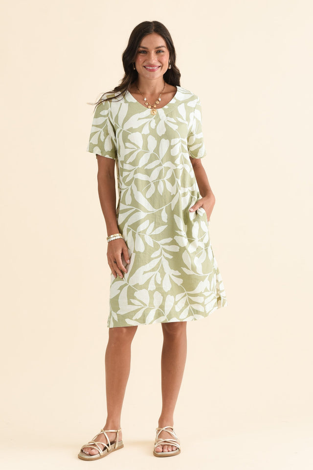 Victoria Khaki Leaf Linen Blend Dress,Front,Brunette model,alt text|model:Brontie