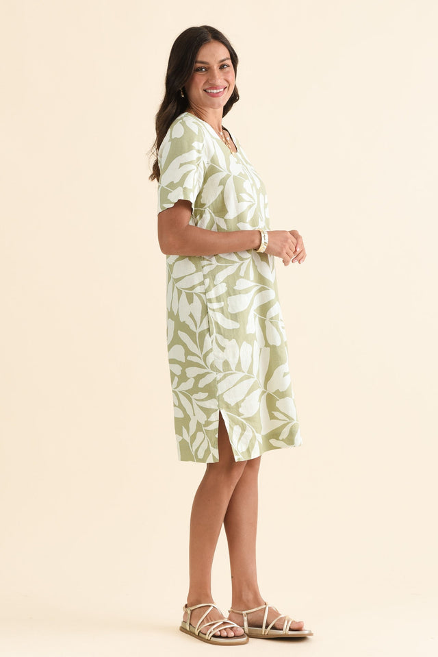 Victoria Khaki Leaf Linen Blend Dress,Side,Brunette model,alt text|model:Brontie image 3