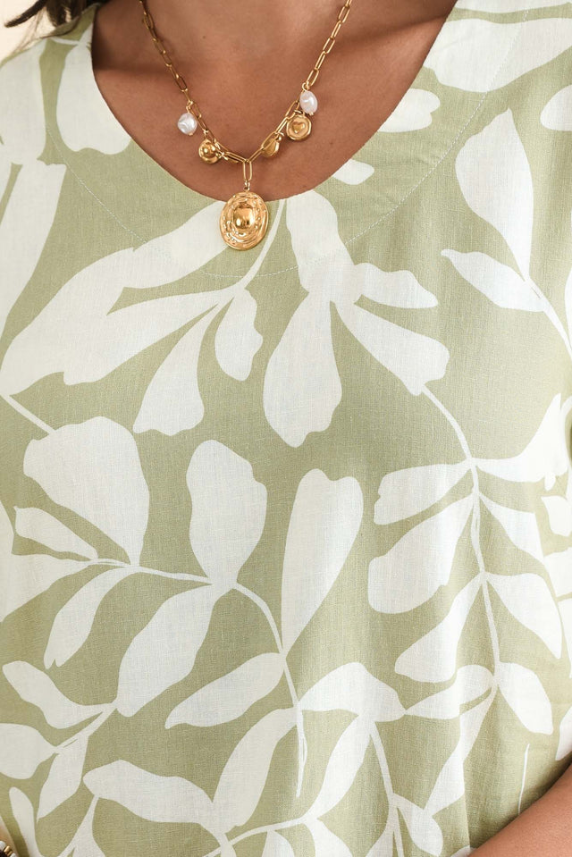 Victoria Khaki Leaf Linen Blend Dress,Detail,Brunette model,alt text|model:Brontie image 5