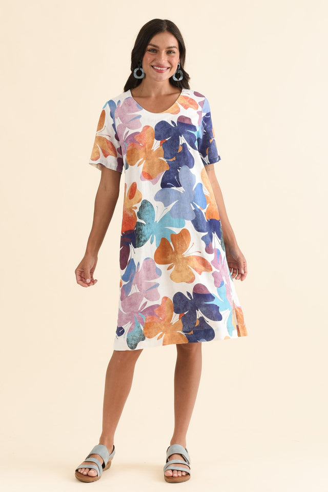 Victoria Mauve Butterfly Linen Blend Dress,Front,Brunette model,alt text|model:Brontie