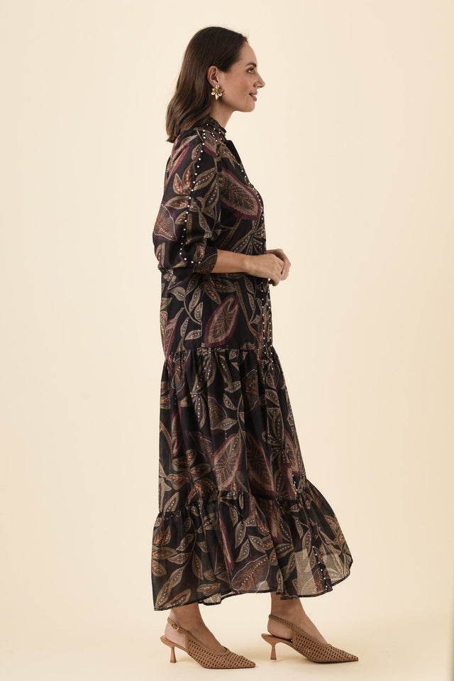 Wanderlust Dark Tropique Cotton Silk Pearl Dress,Brunette model,alt text|model:MJ image 4