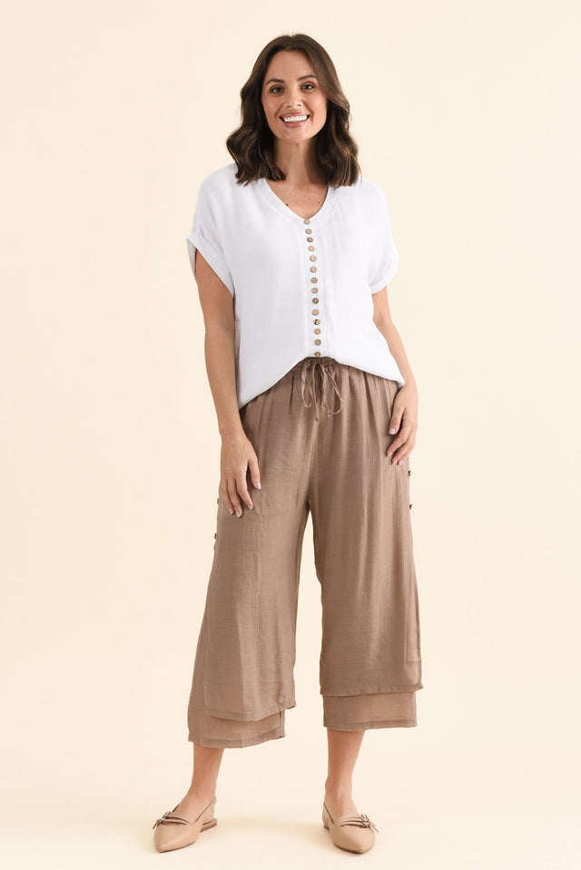 Watson Mocha Cotton Blend Layered Pants,brunette model,Full Outfit,alt text|model:MJ image 6