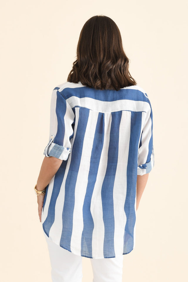 Wellington Blue Stripe Linen Shirt,brunette model,Back of Outfit,alt text|model:MJ image 4