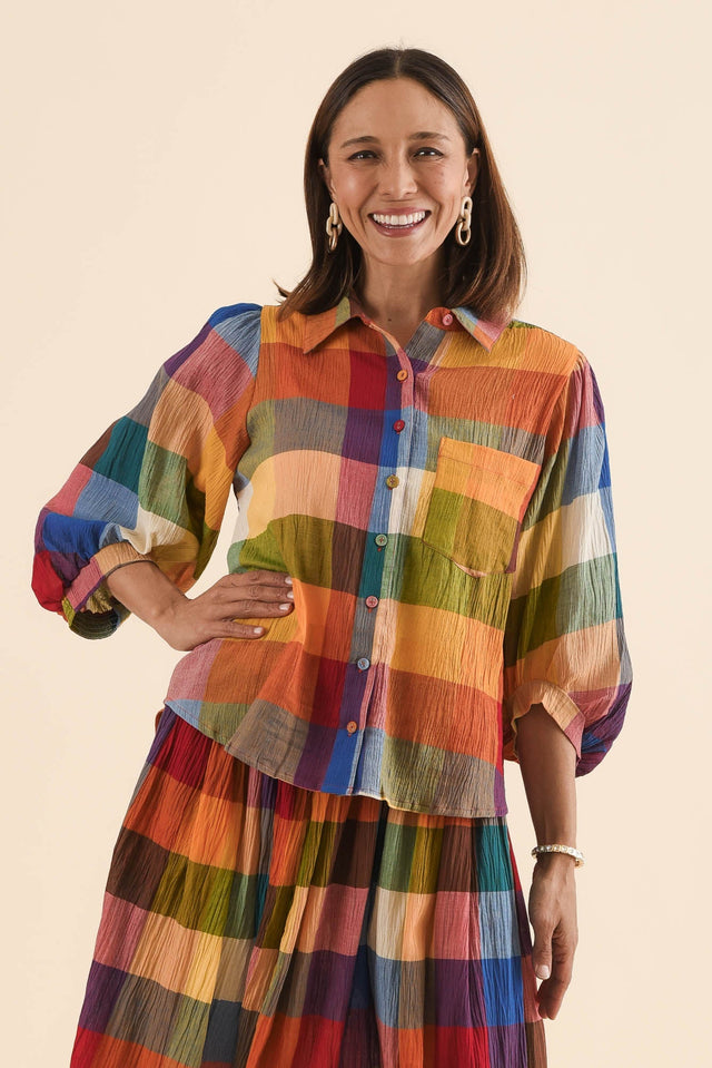 Wesley Orange Check Cotton Shirt,Front,Brunette model,alt text|model:Cara image 1