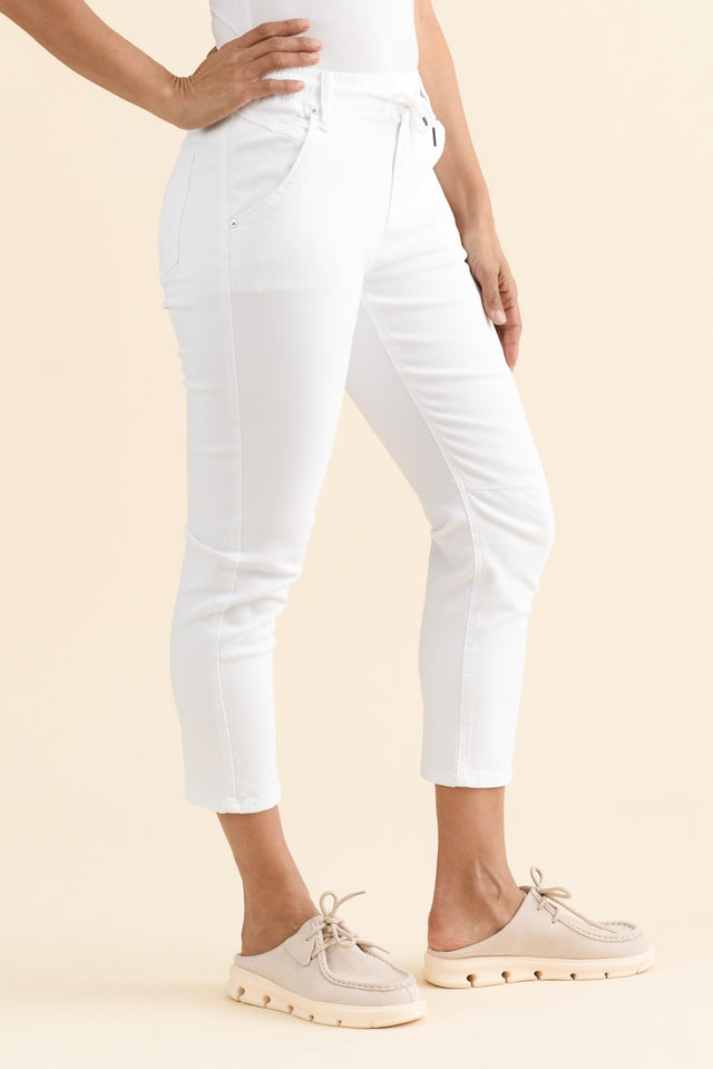 Whistler White Cotton Jogger Pants,brunette model,Side of Outfit,alt text|model:Cara image 3