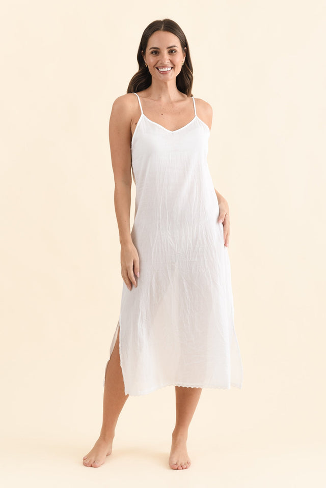 White Cotton Maxi Slip Dress,Brunette model,alt text|model:MJ