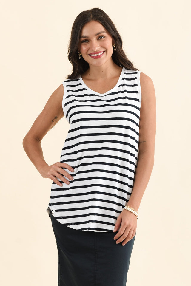 White Stripe Cotton Scoop Tank,Front,Brunette model,alt text|model:Brontie image 1