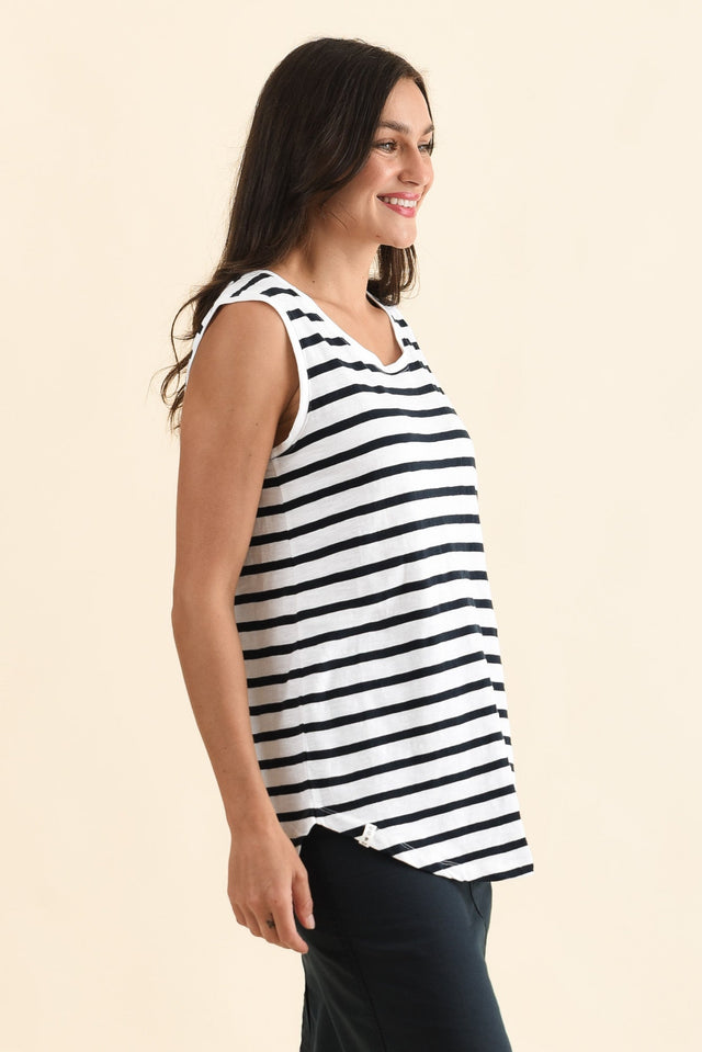 White Stripe Cotton Scoop Tank,Side,Brunette model,alt text|model:Brontie image 5