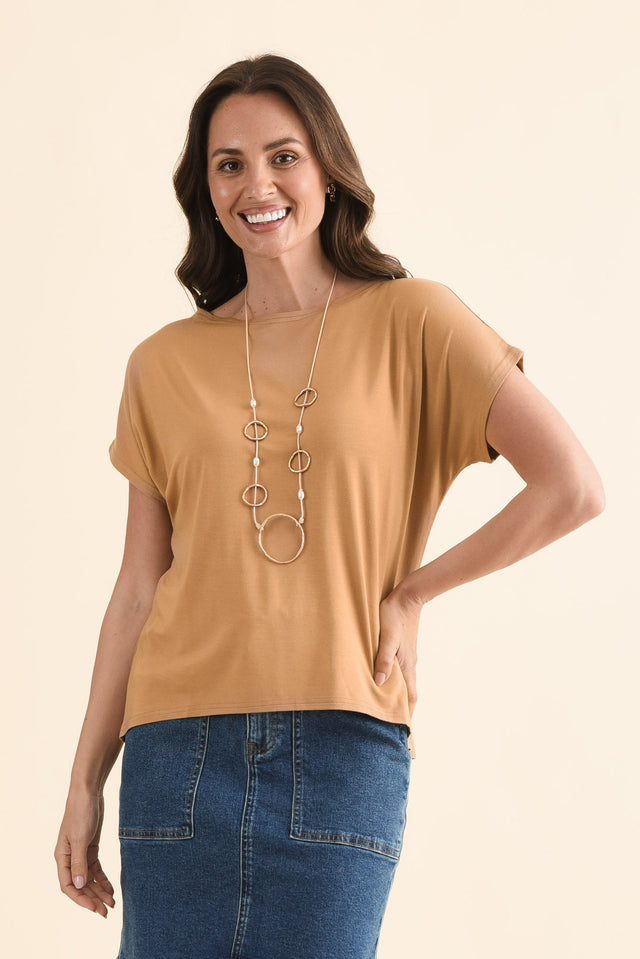 Wilde Tan Bamboo Box Tee,Front,Brunette model,alt text|model:MJ image 1
