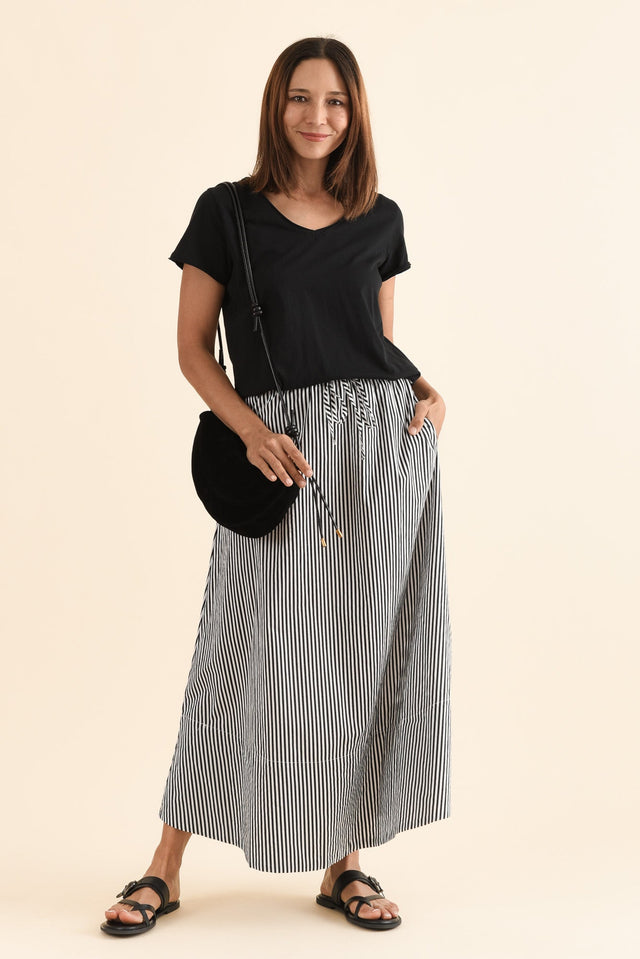 Willow Black Stripe Cotton Maxi Skirt,Full Body,Brunette model,alt text|model:Cara
