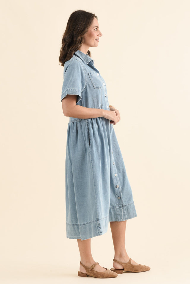 Willow Blue Denim Shirt Dress,Side,Brunette model,alt text|model:MJ image 3