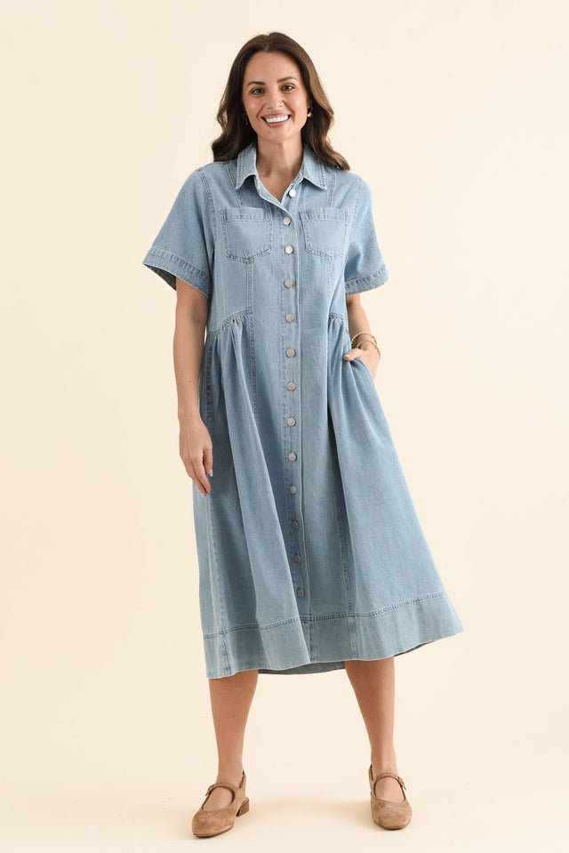 Willow Blue Denim Shirt Dress,Front,Brunette model,alt text|model:MJ image 1