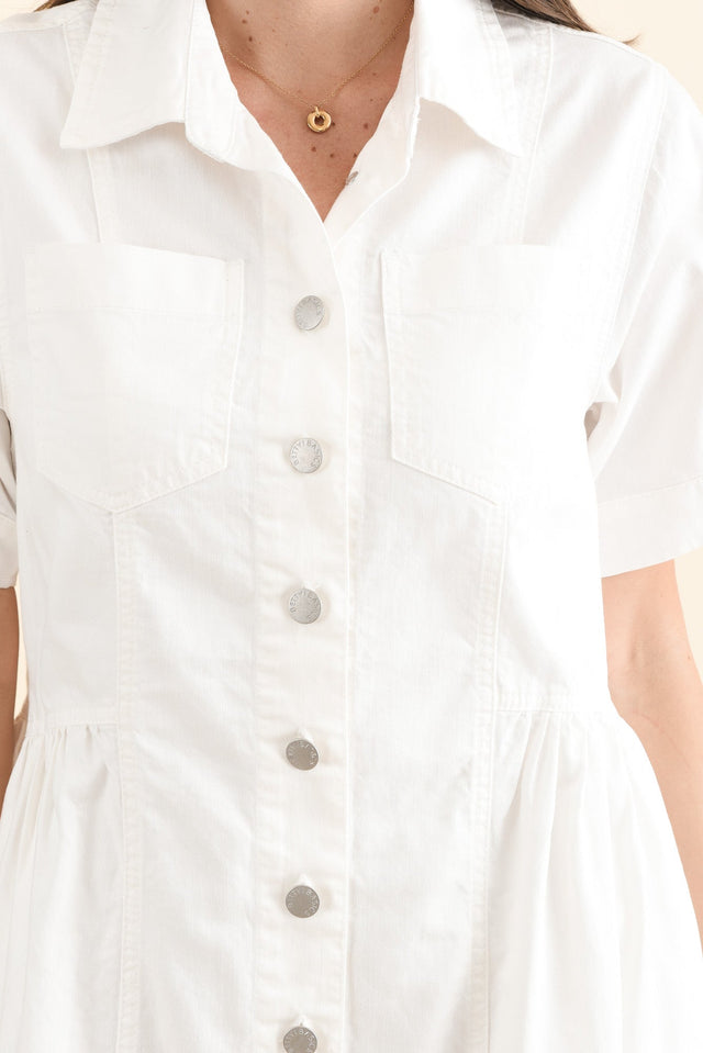 Willow White Denim Shirt Dress,Detail,Brunette model,alt text|model:MJ image 5