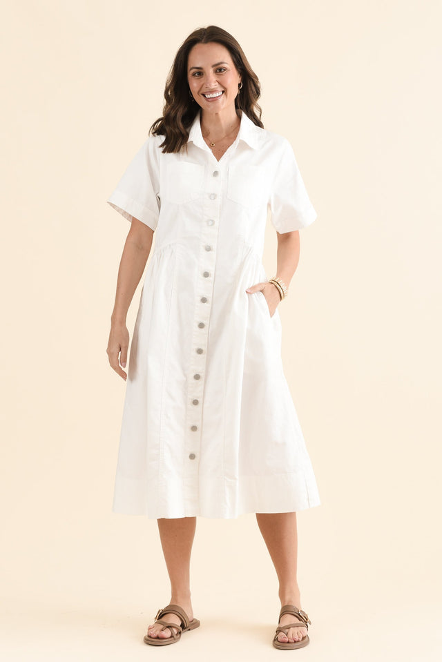 Willow White Denim Shirt Dress,Front,Brunette model,alt text|model:MJ image 1