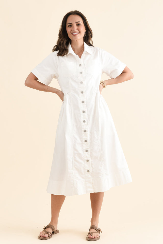 Willow White Denim Shirt Dress,Full Body,Brunette model,alt text|model:MJ image 2