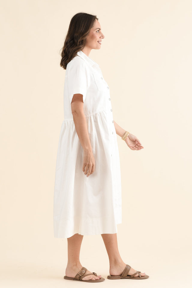 Willow White Denim Shirt Dress,Side,Brunette model,alt text|model:MJ image 3