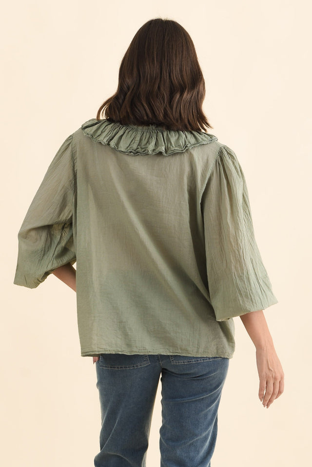 Winifred Khaki Cotton Frill Top,Brunette model,alt text|model:MJ image 4