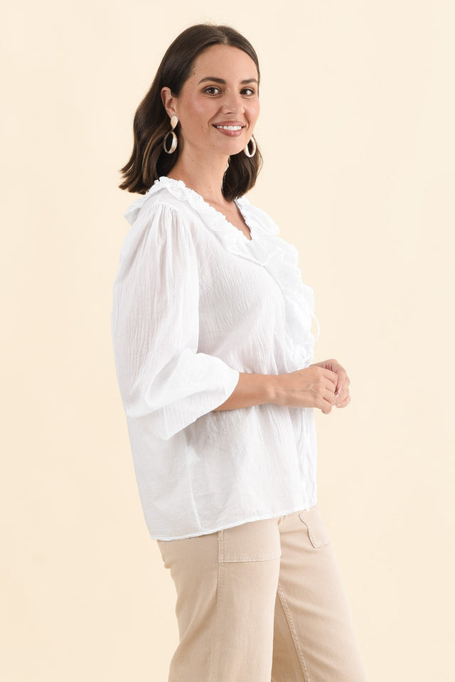 Winifred White Cotton Frill Top,Brunette model,alt text|model:MJ image 4