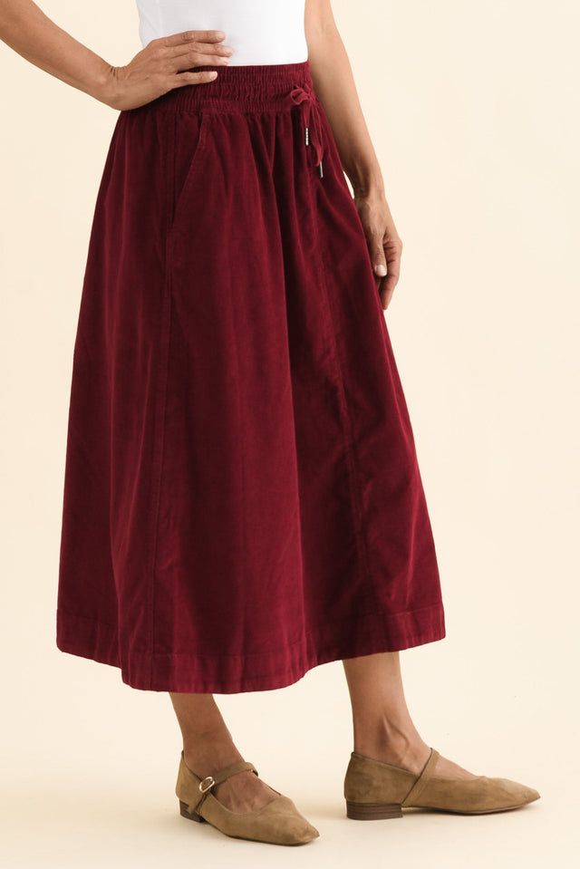 Winnie Burgundy Corduroy Cotton Skirt,Side,Brunette model,alt text|model:Cara image 4