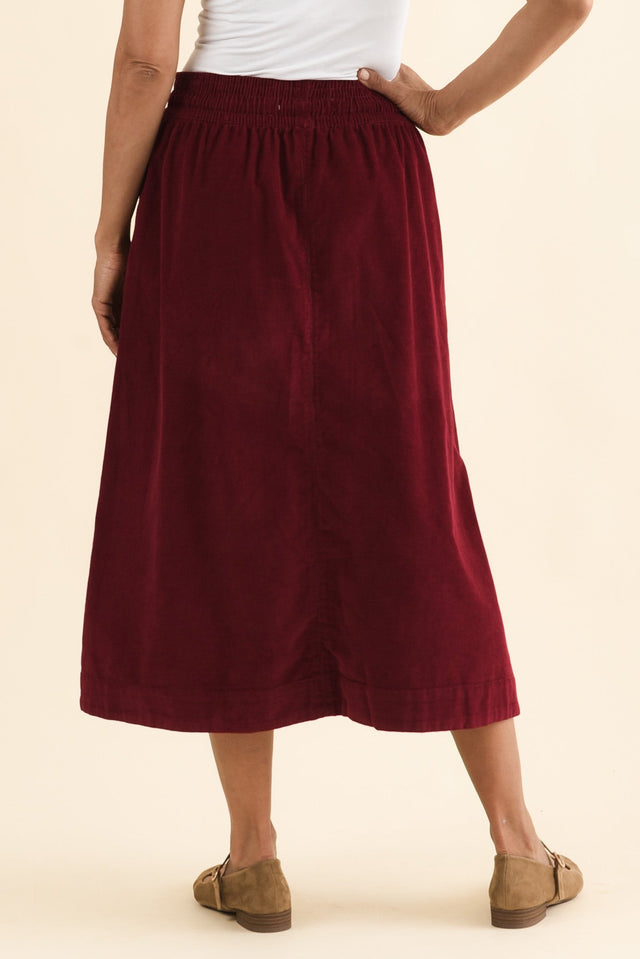 Winnie Burgundy Corduroy Cotton Skirt,Back,Brunette model,alt text|model:Cara image 5