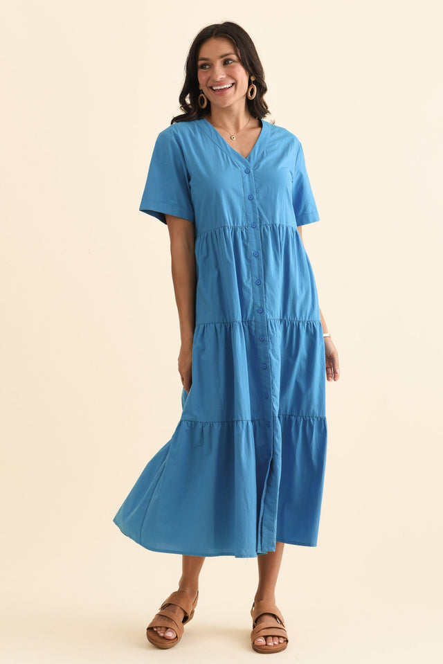 Winona Blue Cotton Button Dress,Brunette model,alt text|model:Brontie image 3